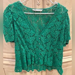 Zara Emerald Lace v neck top with crystal button, size Large